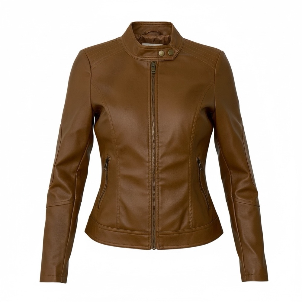 Charlotte Russe Cognac Faux Leather Jacket Size Small Moto Soft Grunge Edgy Y2K